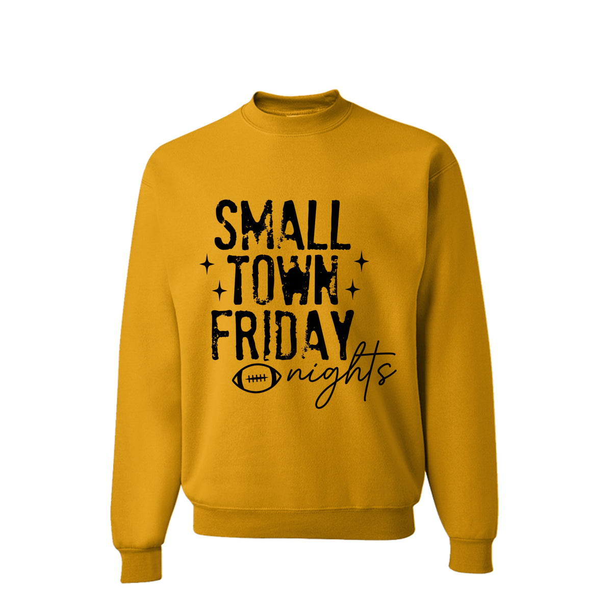 “Front view of a lime green crewneck sweatshirt featuring a black graphic that reads Small Town Friday Nights.”